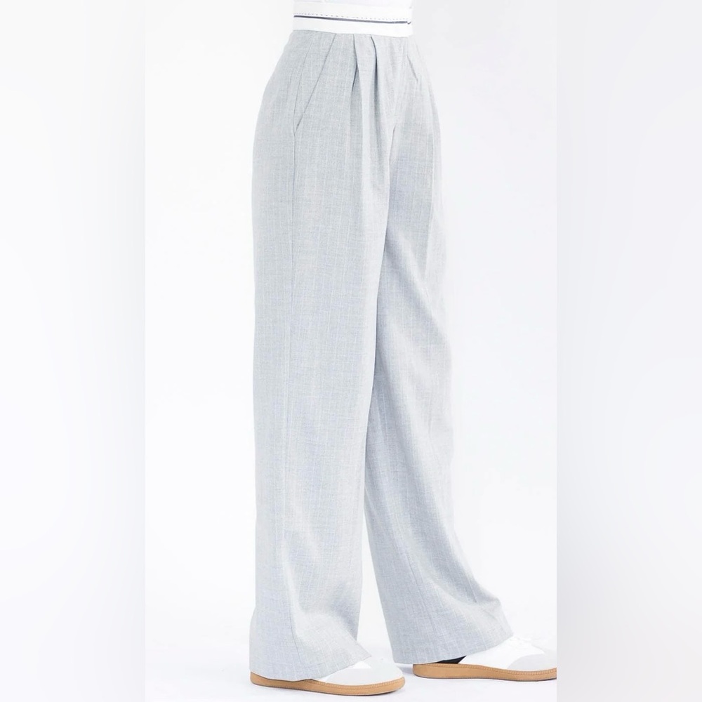 Wide Leg Pinstripe Trousers - Light Gray - Picture 3 of 3